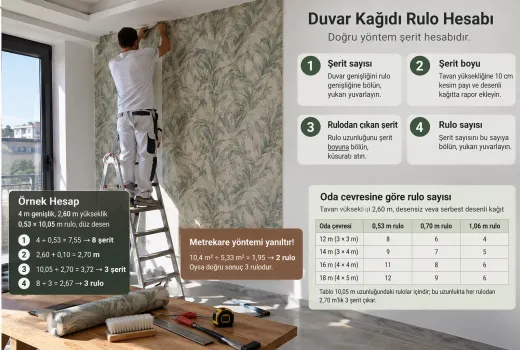 Duvar Kağıdı Kaç Rulo Gerekir? Şerit Yöntemiyle Hesaplama, Rapor Payı ve Hazır Tablo