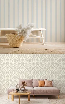 Çizgili ve damask desenli klasik duvar kağıdı modeli - Zamansız zarafet ve şıklık.