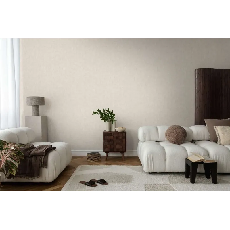 Krem ve açık bej keten dokulu düz AS Creation Cuba 32261-8 vlies duvar kağıdı