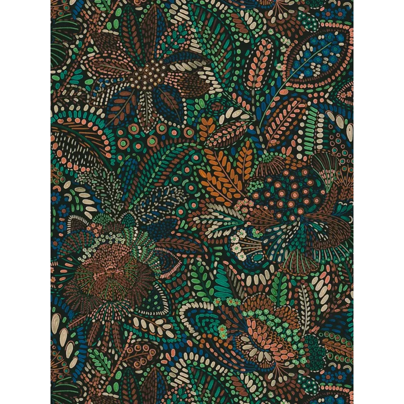 AS Creation Cuba 78025-2 Etnik Mozaik Desenli Siyah Duvar Kağıdı Siyah zemin üzerine zümrüt yeşili ve kiremit etnik mozaik nokta desenli AS Creation Cuba 78025-2 vlies duvar kağıdı