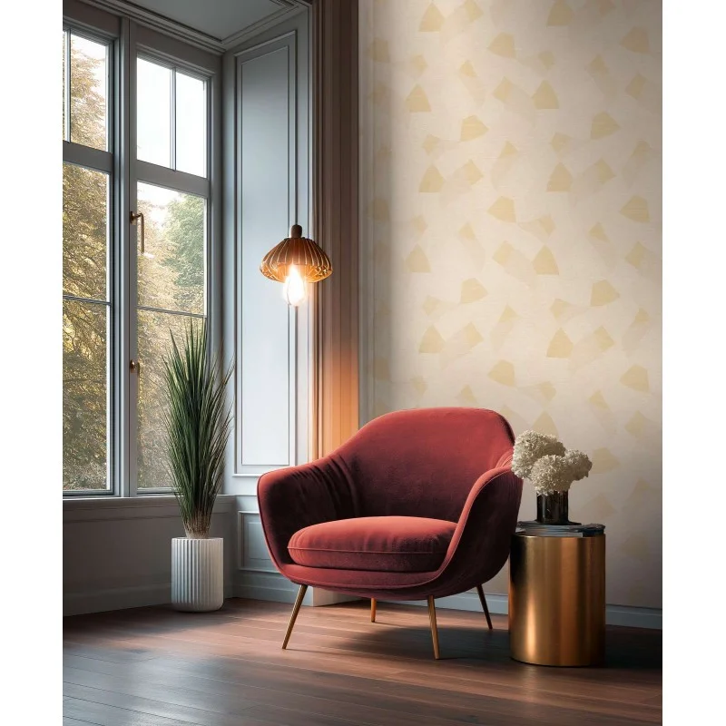 Krem ve soft sarı tonlarında geometrik çizgi desenli AS Creation Cuba 79160-1 vlies duvar kağıdı
