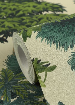 Cuba 79161-1 Krem Koyu Yeşil Bonsai ve Ağaç Desenli Vlies Duvar Kağıdı, 5.33m²