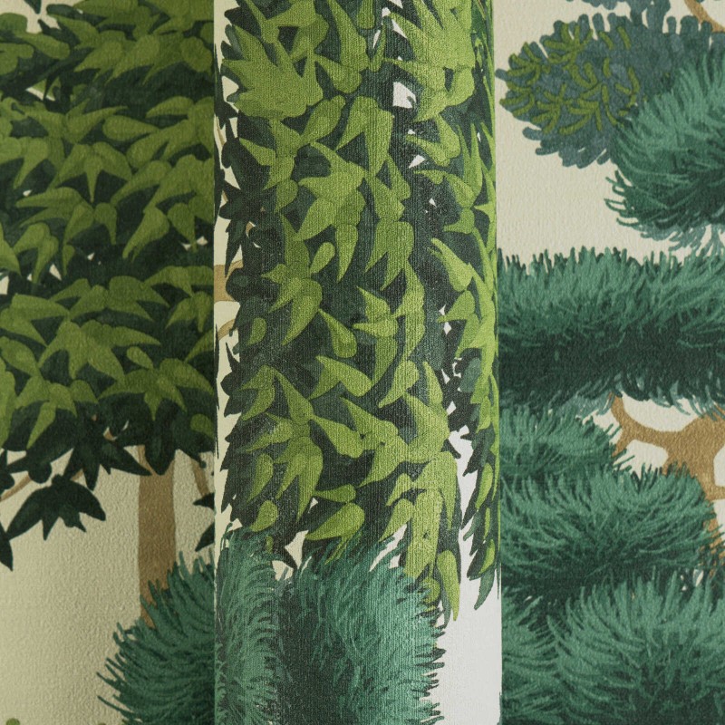 Krem zemin üzerine canlı koyu yeşil tonlarında bonsai ve tropik ağaç desenli AS Creation Cuba 79161-1 vlies duvar kağıdı