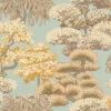 Açık mavi zemin üzerine bej ve taba tonlarında bonsai ve tropik ağaç desenli AS Creation Cuba 79161-4 vlies duvar kağıdı