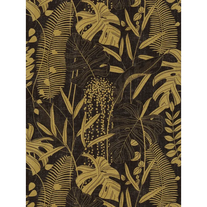 AS Creation Cuba 79164-3 Tropikal Yaprak Desenli Siyah Altın Duvar Kağıdı Siyah zemin üzerine ışıltılı altın sarısı tropikal deve tabanı ve palmiye yaprağı desenli AS Creation Cuba 79164-3 vlies duvar kağıdı