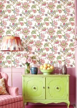 Blooming Garden 8301 Otantik Desenli Beyaz, Pembe ve Yeşil Duvar Kağıdı, 5.33m²