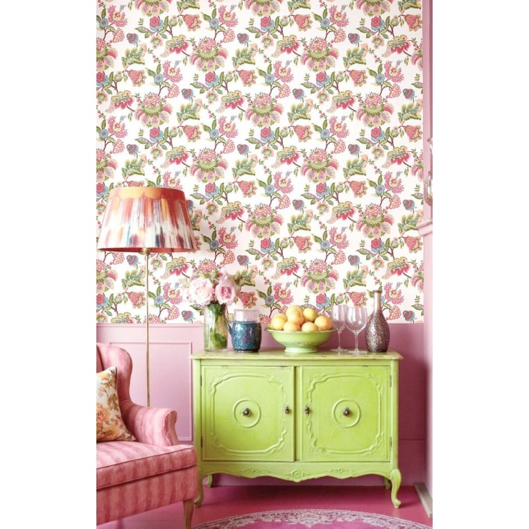 Beyaz zemin üzerine pembe, fuşya ve yeşil otantik çiçek motifli Blooming Garden 8301 duvar kağıdı