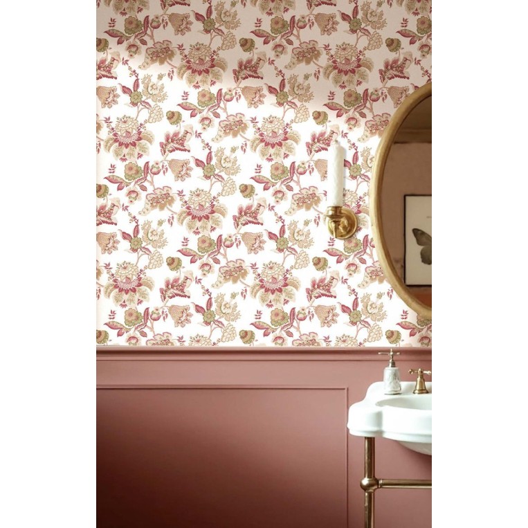 Beyaz zemin üzerine gül kurusu, mürdüm ve bej otantik çiçek motifli Blooming Garden 8302 duvar kağıdı