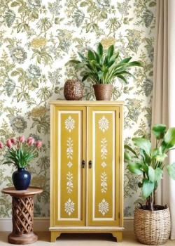 Blooming Garden 8305 Klasik Botanik Çiçek Desenli Krem ve Mavi Duvar Kağıdı, 5.33m²