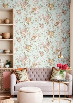 Blooming Garden 8311 Çiçek Desenli Su Yeşili, Soft Pembe ve Krem Duvar Kağıdı, 5.33m²