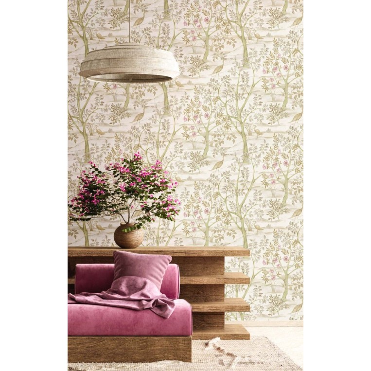 Blooming Garden 8315 Kuşlu Duvar Kağıdı Krem zemin üzerine balıkçıl kuş ve pembe çiçekli ağaç dalları desenli Blooming Garden 8315 duvar kağıdı
