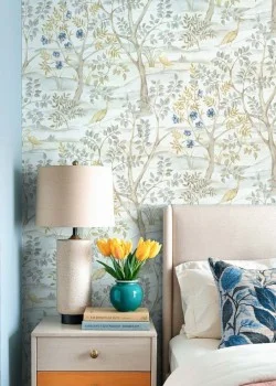 Blooming Garden 8316 Kuş ve Ağaç Desenli Mavi ve Gri Duvar Kağıdı, 5.33m²