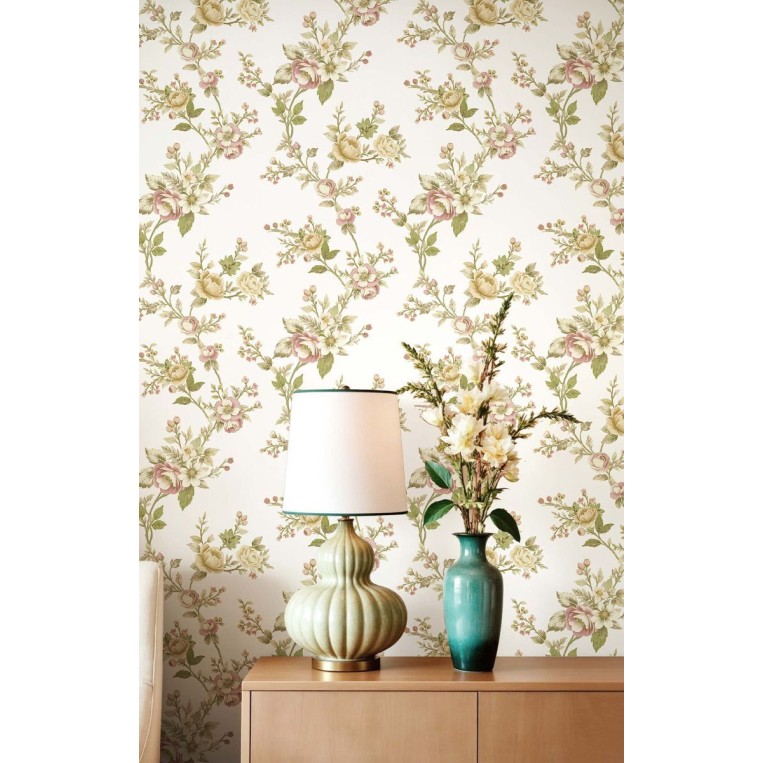 Beyaz zemin üzerine soft pembe ve sarı çiçek desenli Blooming Garden 8325 duvar kağıdı