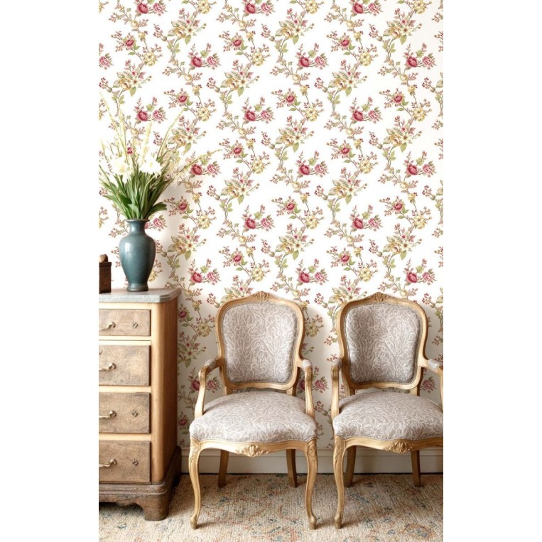 Beyaz zemin üzerine gül kurusu ve krem çiçek desenli Blooming Garden 8326 duvar kağıdı