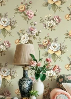 Blooming Garden 8331 Klasik Çiçek Demeti Desenli Adaçayı Yeşili Duvar Kağıdı, 5.33m²