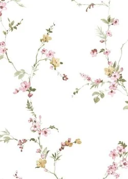Blooming Garden 8335 Botanik Dal ve Kiraz Çiçeği Desenli Beyaz ve Pembe Duvar Kağıdı, 5.33m²