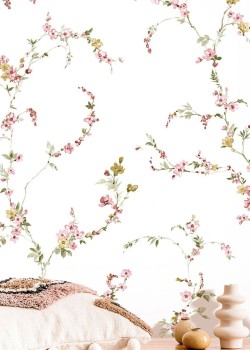 Blooming Garden 8335 Botanik Dal ve Kiraz Çiçeği Desenli Beyaz ve Pembe Duvar Kağıdı, 5.33m²