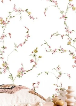 Blooming Garden 8335 Botanik Dal ve Kiraz Çiçeği Desenli Beyaz ve Pembe Duvar Kağıdı, 5.33m²