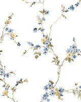 Blooming Garden 8336 Botanik Dal ve Çiçek Desenli Beyaz ve Mavi Duvar Kağıdı, 5.33m²