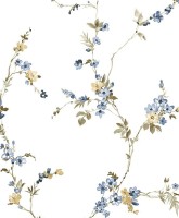 Blooming Garden 8336 Botanik Dal ve Çiçek Desenli Beyaz ve Mavi Duvar Kağıdı, 5.33m²