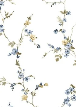 Blooming Garden 8336 Botanik Dal ve Çiçek Desenli Beyaz ve Mavi Duvar Kağıdı, 5.33m²