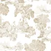 Beyaz zemin üzerine vizon bej Toile de Jouy manzara desenli Blooming Garden 8340 duvar kağıdı