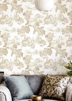 Blooming Garden 8340 Toile de Jouy Desenli Beyaz ve Vizon Duvar Kağıdı, 5.33m²