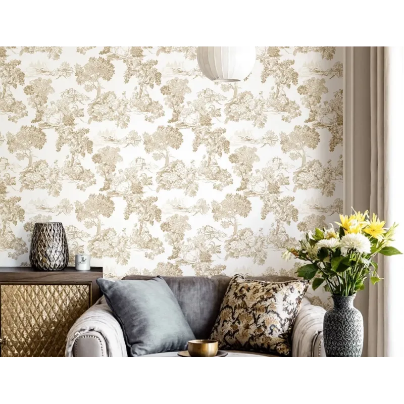 Beyaz zemin üzerine vizon bej Toile de Jouy manzara desenli Blooming Garden 8340 duvar kağıdı
