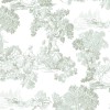 Beyaz zemin üzerine su yeşili Toile de Jouy manzara desenli Blooming Garden 8341 duvar kağıdı