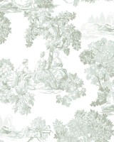 Blooming Garden 8341 Toile de Jouy Desenli Beyaz ve Su Yeşili Duvar Kağıdı, 5.33m²