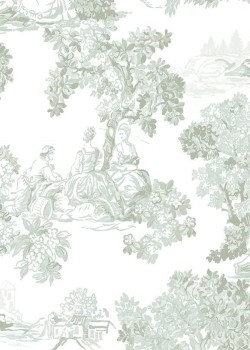 Blooming Garden 8341 Toile de Jouy Desenli Beyaz ve Su Yeşili Duvar Kağıdı, 5.33m²