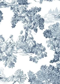 Blooming Garden 8342 Toile de Jouy Desenli Beyaz ve Mavi Duvar Kağıdı, 5.