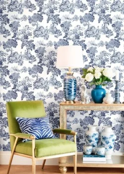 Blooming Garden 8342 Toile de Jouy Desenli Beyaz ve Mavi Duvar Kağıdı, 5.