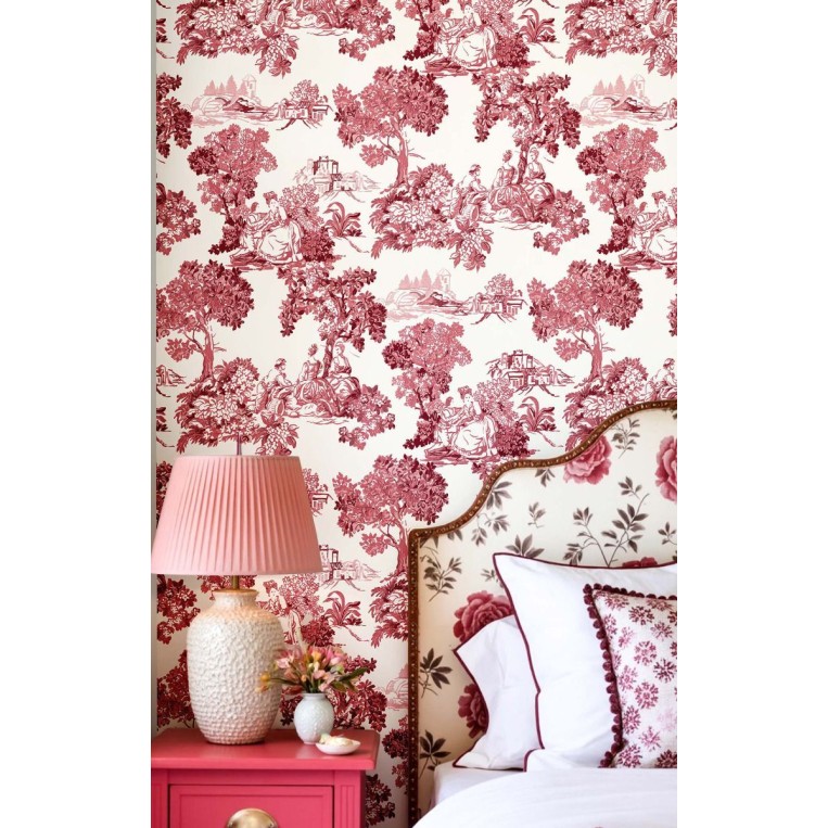 Beyaz zemin üzerine su yeşili Toile de Jouy manzara desenli Blooming Garden 8341 duvar kağıdı