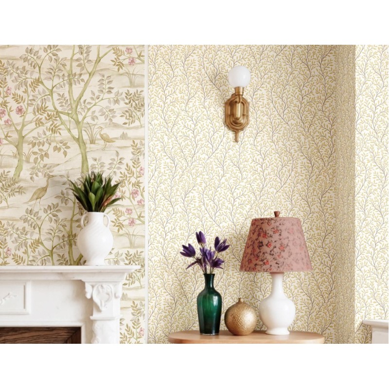 Beyaz zemin üzerine soft bej sarmaşık yaprak desenli Blooming Garden 8366 duvar kağıdı
