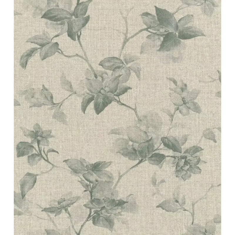 Rasch Atelier Tissé 612936 Keten Dokulu Çiçek Desenli Duvar Kağıdı Bej keten zemin üzerine yeşil botanik çiçek dallı Rasch Atelier Tisse 612936 duvar kağıdı