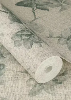 Rasch Atelier Tissé 612936 Keten Dokulu Çiçek Dalı Desenli Bej Yeşil Duvar Kağıdı, 5.33m²