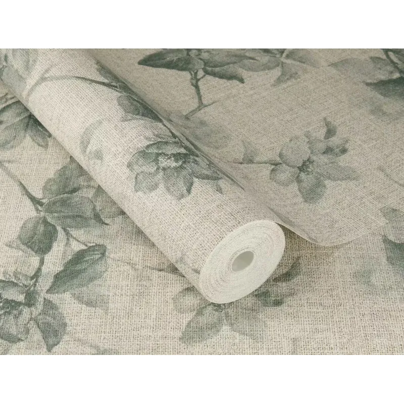Rasch Atelier Tissé 612936 Keten Dokulu Çiçek Desenli Duvar Kağıdı Bej keten zemin üzerine yeşil botanik çiçek dallı Rasch Atelier Tisse 612936 duvar kağıdı