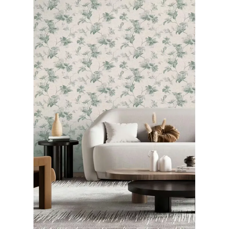 Rasch Atelier Tissé 612936 Keten Dokulu Çiçek Desenli Duvar Kağıdı Bej keten zemin üzerine yeşil botanik çiçek dallı Rasch Atelier Tisse 612936 duvar kağıdı