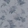 Mavi keten dokulu zemin üzerine çiçek ve yaprak desenli Rasch Atelier Tisse 612943 duvar kağıdı