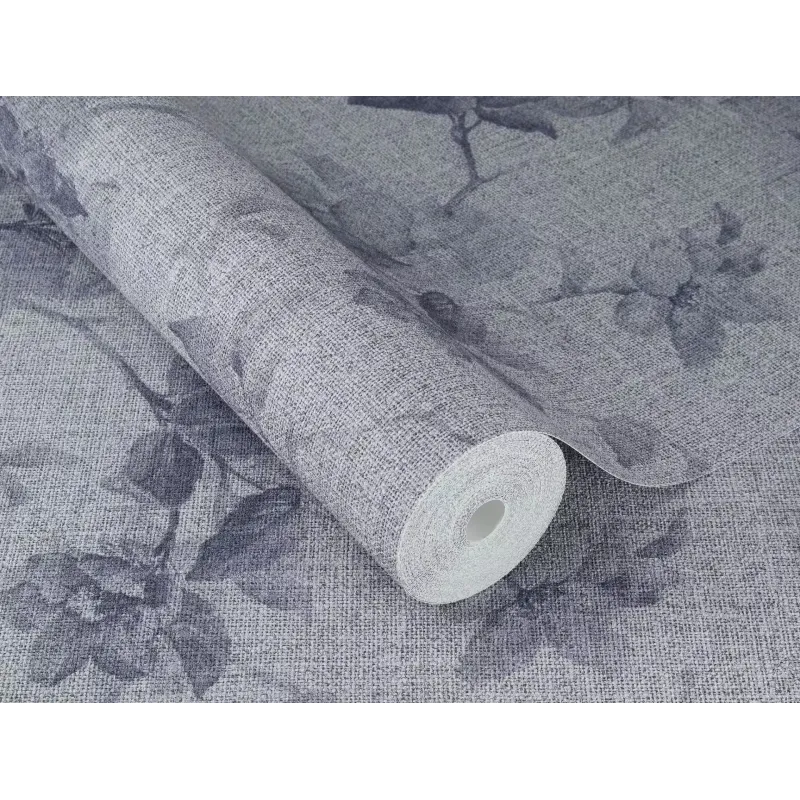 Mavi keten dokulu zemin üzerine çiçek ve yaprak desenli Rasch Atelier Tisse 612943 duvar kağıdı