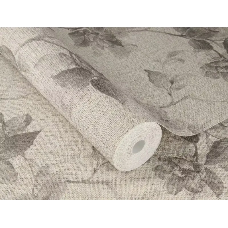 Rasch Atelier Tissé 612950 Botanik Çiçekli Yeşil Duvar Kağıdı Yeşil ve vizon tonlarında keten dokulu botanik çiçek dalları desenli Rasch Atelier Tisse 612950 duvar kağıdı