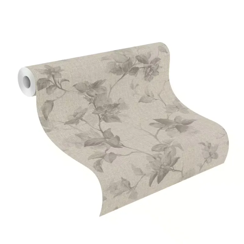 Rasch Atelier Tissé 612950 Botanik Çiçekli Yeşil Duvar Kağıdı Yeşil ve vizon tonlarında keten dokulu botanik çiçek dalları desenli Rasch Atelier Tisse 612950 duvar kağıdı