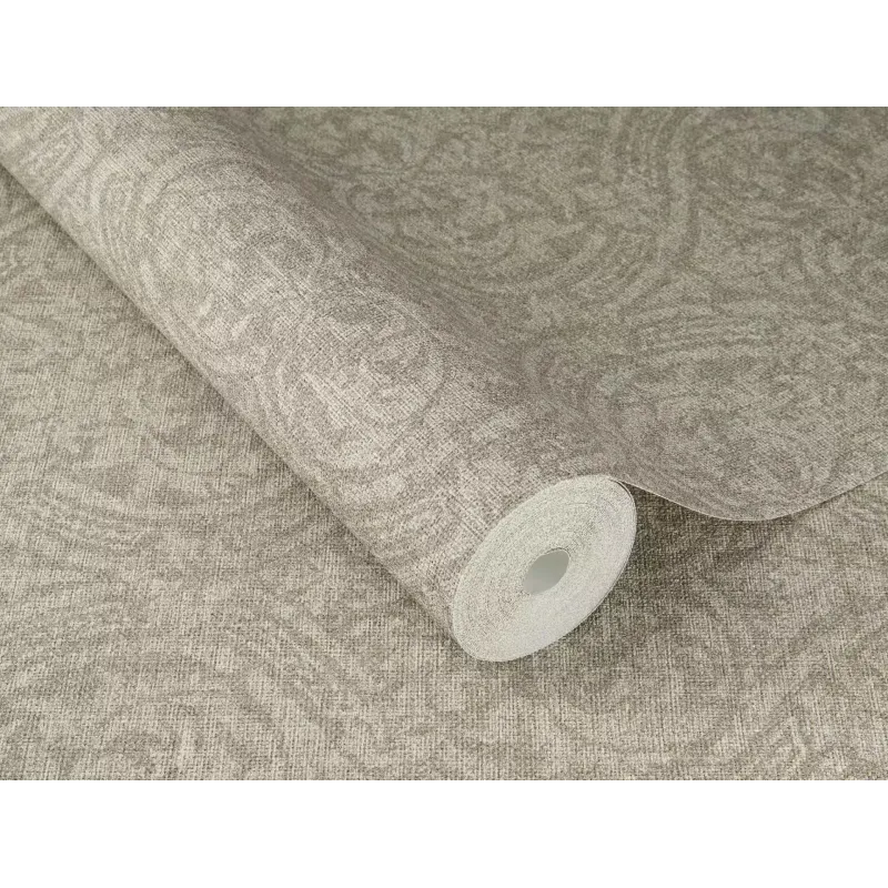 Vizon ve bej tonlarında keten dokulu botanik yaprak desenli Rasch Atelier Tisse 613360 duvar kağıdı