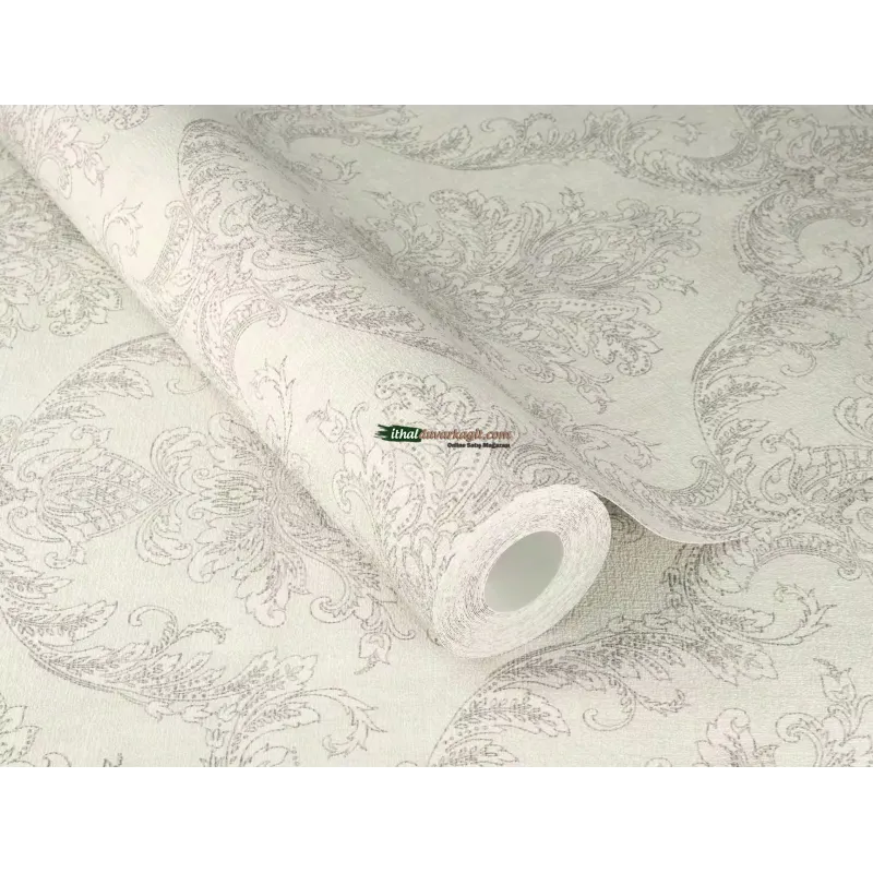 Rasch Golden Hour 941241 Damask Desenli Duvar Kağıdı Kırık beyaz zemin üzerine gri tonlarında damask desenli klasik keten tekstürlü salon duvar kağıdı