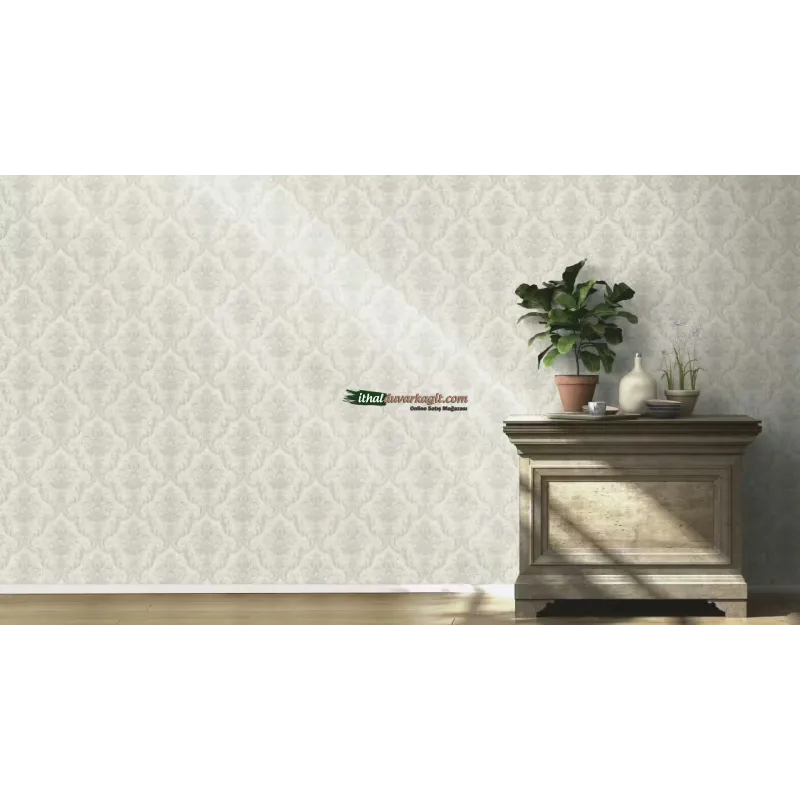 Rasch Golden Hour 941241 Damask Desenli Duvar Kağıdı Kırık beyaz zemin üzerine gri tonlarında damask desenli klasik keten tekstürlü salon duvar kağıdı