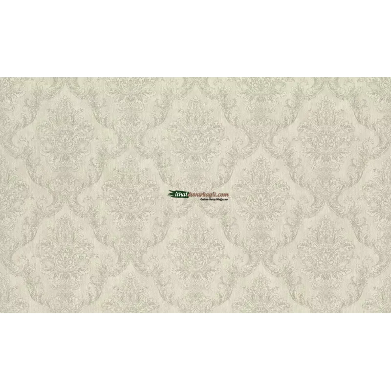 Rasch Golden Hour 941258 Damask Desenli Duvar Kağıdı Soft bej zemin üzerine hafif yeşil tonlarında damask desenli klasik keten tekstürlü salon duvar kağıdı