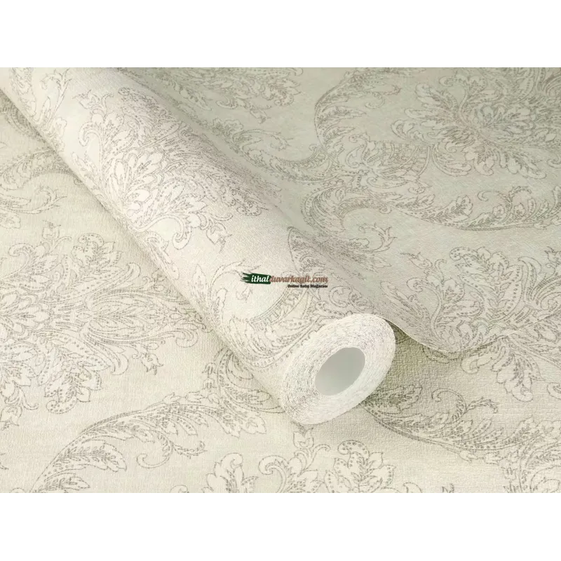 Rasch Golden Hour 941258 Damask Desenli Duvar Kağıdı Soft bej zemin üzerine hafif yeşil tonlarında damask desenli klasik keten tekstürlü salon duvar kağıdı