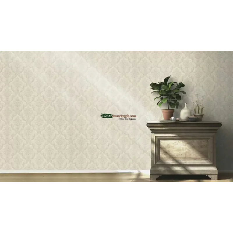 Rasch Golden Hour 941258 Damask Desenli Duvar Kağıdı Soft bej zemin üzerine hafif yeşil tonlarında damask desenli klasik keten tekstürlü salon duvar kağıdı