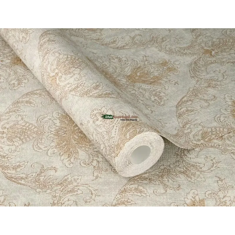 Rasch Golden Hour 941272 Damask Desenli Duvar Kağıdı Soft grej ve şampanya zemin üzerinde eskitme altın vizon tonlarında klasik damask desenli modern salon duvar kağıdı